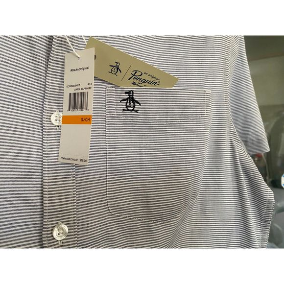 NWT Penguin Dark Sapphire & White Striped Cotton SS Button Down Shirt Size S - Picture 4 of 7